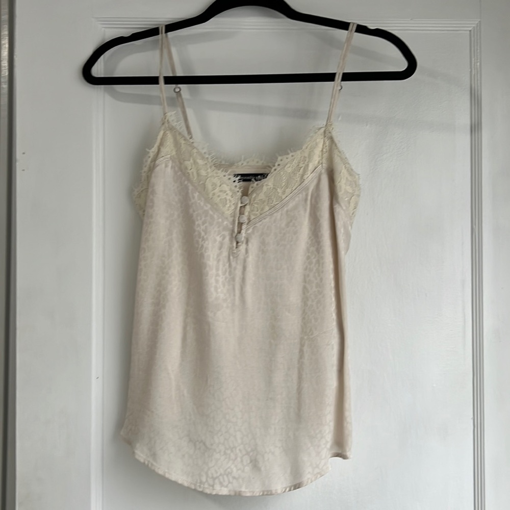 Abercrombie + Fitch silky cream tank top with lace and leopard print